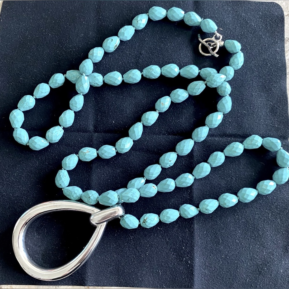 Simon Sebbag Long Turquoise Beaded Necklace with Sterling Silver Pendant